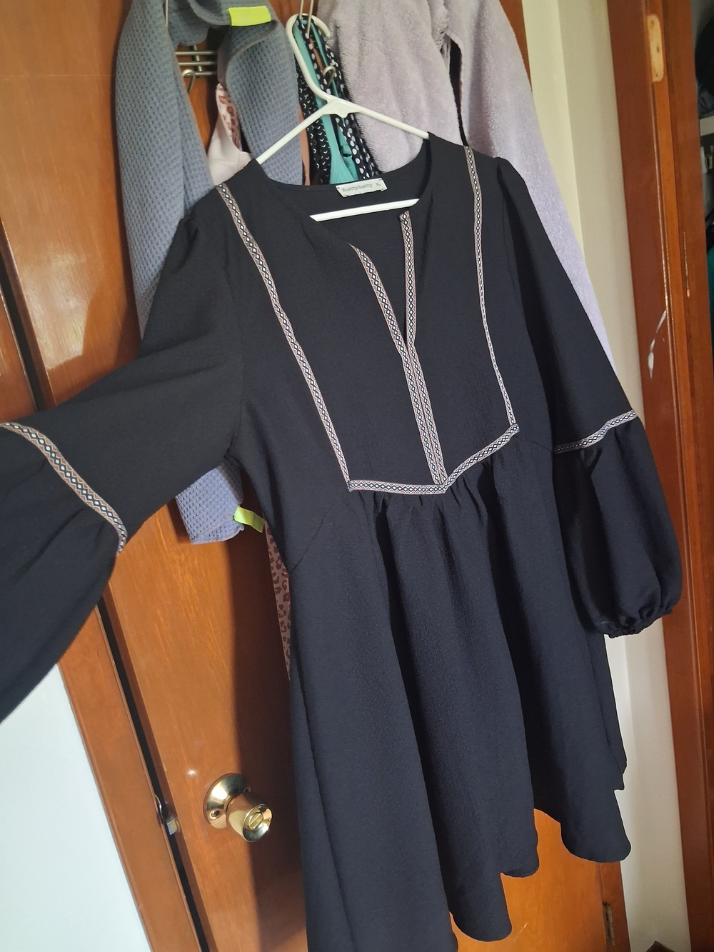 Black Long-Sleeve Embroidered Yoke Tunic Dress